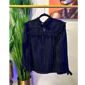Madewell Eyelet Mockneck Ruffle Top in Black - Size Small